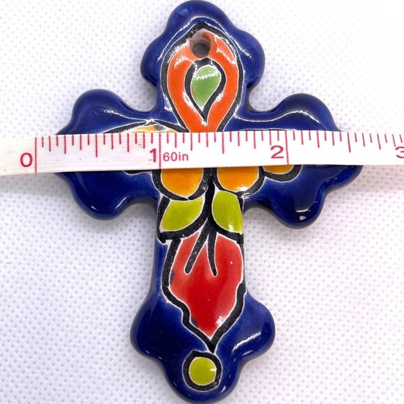 Talavera Crucifix Holy Cross Mexico Ceramic Art Hanging Wall Ornament Mini Blue - Picture 8 of 9